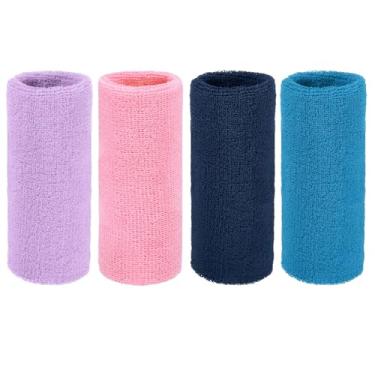 Imagem de YELARXI Pulseiras de suor, pulseiras para esportes de suor 15 x 7,6 cm e pacote com 4 e lilás/rosa/azul marinho/azul (tênis/basquetebol/futebol/corrida/malhar/homens e mulheres)