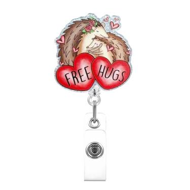 Imagem de Carretel de crachá de ouriço Free Hugs Clipe jacaré fofo abraçando ouriços com corações design retrátil ID RN LPN CNA MA porta-crachá para enfermeiras amantes de animais presentes de dia dos namorados