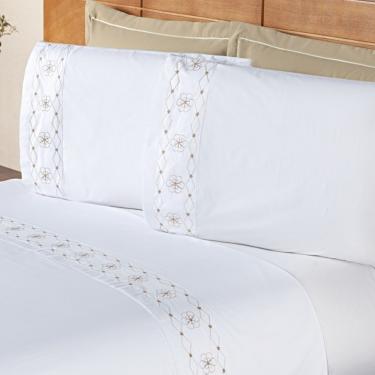 Imagem de Jogo De Cama Damasco Queen 4 Peças 100% Poliéster 200 Fios - Branco/bege