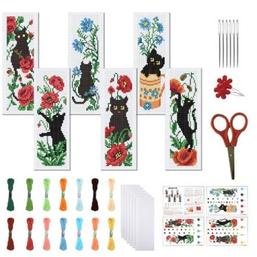 Imagem de FREEBLOSS Conjunto de 6 kits de marcadores de página de ponto cruz, flores coloridas e gatos, kit de bordado de 11 quilates com instruções para iniciantes 20 x 6 cm