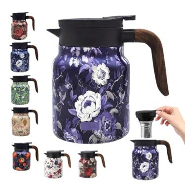 Imagem de Garrafa térmica de chá com padrão floral vintage, garrafa térmica de chá de aço inoxidável com tampa para bebidas quentes (cabo de madeira, 1000 ml)