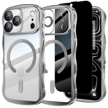 Imagem de Misscase Capa projetada para iPhone 17 Pro de 6,3 polegadas, com protetor de tela de privacidade*1, linda capa com moldura ondulada com protetor de lente de câmera, compatível com MagSafe Plating
