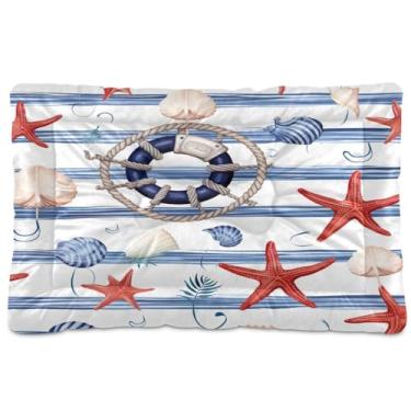 Imagem de Wassud Cama listrada de estrela do mar e concha para cães pequenos, lavável à prova d'água, tapete de viagem para animais de estimação, cama portátil para gatos com fundo antiderrapante para uso