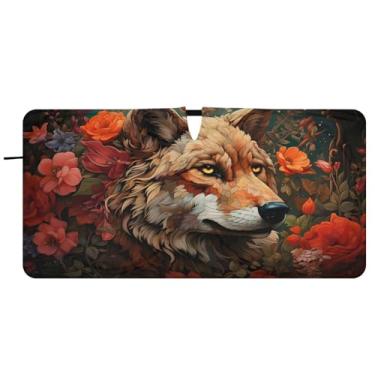 Imagem de CEBUGI Para-brisa de carro dobrável, para-sol, lobo, flores vermelhas, persianas, janela de carro, guarda-chuva, pára-brisa dianteiro, para-sol para acessórios de carro, bloqueador solar reflexivo