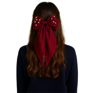 Imagem de Clipe de Cabelo Grande com Laço em Tecido Cetim Premium — Acessório Feminino Clássico e Sofisticado(Vermelho Marsala com Perolas)