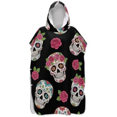 Imagem de Joisal Sugar Skulls Pink Floral Black Surf Poncho Trocador Roupão para Adultos Praia Moletom Toalha Floral Reutilizável Homens Mulheres Poncho com Capuz