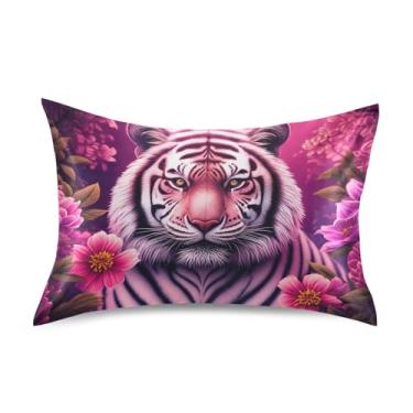 Imagem de Fronha padrão Queen King Cool Tiger Flores Roxas Floral Cetim Cool Fronha Engraçada Refrescante Cama Fronha King Size 101,6 cm x 50,8 cm