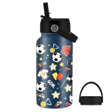 Imagem de Presentes de futebol para meninos, garrafa de água de futebol de 740 ml com 2 tampas e canudo - Garrafas de água de aço inoxidável para futebol, sem BPA, isolada à prova de vazamento, garrafa de água