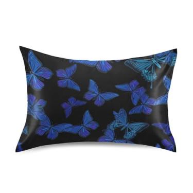 Imagem de Fronhas de almofada floral azul flores borboletas pretas padrão king queen fronha cetim refrescante para cama de casa sofá moderno king size 101,6 cm x 50,8 cm
