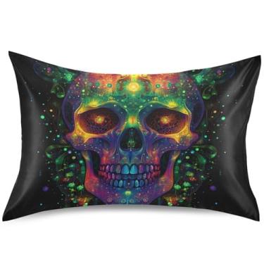 Imagem de Capas de almofada de cetim preto com design psicodélico de caveira arte fofa capas de travesseiro padrão king queen para cama presentes de vida saudável, tamanho padrão, 66 cm x 50 cm