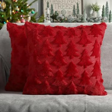 Imagem de 4TH Emotion Conjunto de 2 capas de almofada decorativas para árvore de Natal, 45,7 x 45,7 cm, vermelho macio, pele sintética, casa de fazenda, para Natal, inverno, férias, decoração de casa