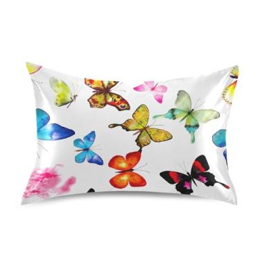 Imagem de Borboletas coloridas asas brancas fronhas de cetim engraçado refrescante cama macia fronha animal floral padrão rei queen fronha tamanho padrão 66.0 cm x 50.8 cm