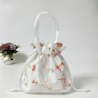 Imagem de 1 bolsa floral bordada, bolsa balde chique com cordão com forro de poliéster, perfeita para moedas e telefone, linda bolsa - branca