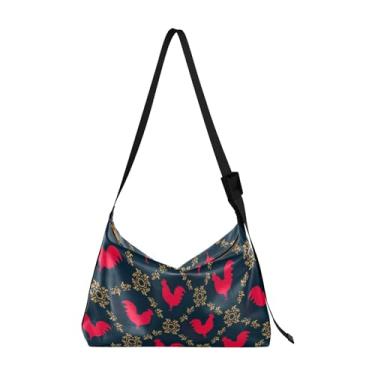 Imagem de Bolsa feminina de couro preta com símbolo de galo vermelho Hobo bolsa grande transversal com estampa animal bolsa de ombro designer, Símbolo de galo vermelho preto