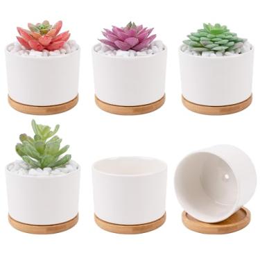 Imagem de Leismy 6 recipientes para suculentas e cactos, vasos de cerâmica branca com orifício de drenagem e bandeja removível, vasos de plantas pequenos para decoração de escritório em casa, recipiente de