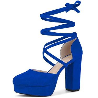 Imagem de Allegra K Sandália feminina com salto plataforma e cadarço, Azul royal, 35