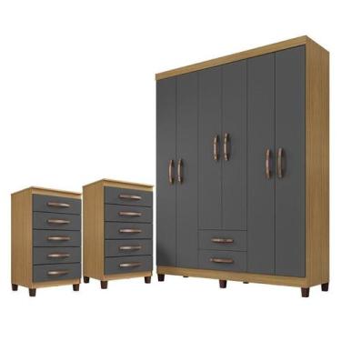 Imagem de Guarda Roupa Casal Módena com 2 Cômodas Cannes 5 Gavetas Carvalho Graf