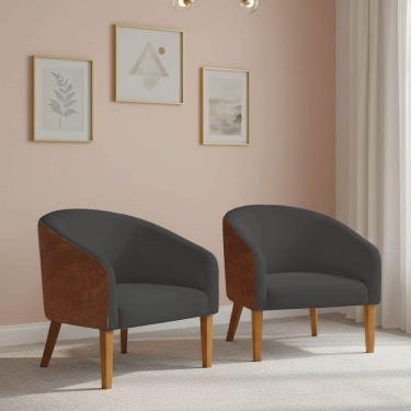 Imagem de Poltrona Sala Decorativa Kit 2 Stella Pé Madeira Trapézio Castanho Sintético Pu Nozes-bouclê Grafite D03 - D'rossi