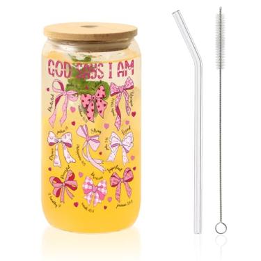 Imagem de AUOIAJAS Copos de vidro com tampas e canudos, caneca de copo de café gelado com texto de laço, presentes para mulheres, dia dos namorados, aniversário, casamento, dia das mães, Natal
