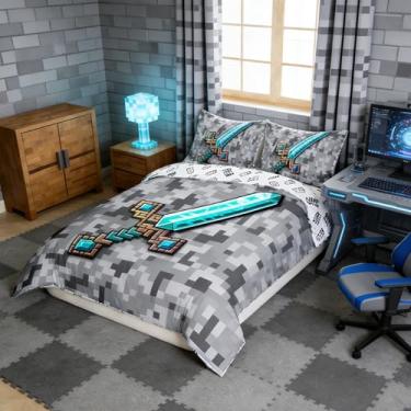 Imagem de Conjunto de capa de edredom de desenho animado com espada, tamanho solteiro, jogos temáticos pixelados, 2 peças, capa de edredom com bloco de areia azul para decoração de quarto de crianças, meninos e