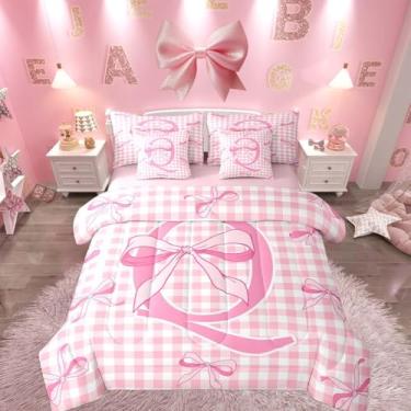 Imagem de Feelyou Jogo de cama solteiro com laço xadrez rosa, 7 peças, lençol com estampa de laço fofo, para meninos e meninas, com edredom, lençóis, fronhas, capas de almofada, decoração de quarto