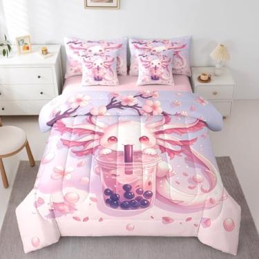 Imagem de Erosebridal Jogo de cama casal de 7 peças com desenho animado de salamandra, animais kawaii, para crianças, adolescentes, rosa, cerejeira, leite, chá, cama, saco, bosque, tritão, vida selvagem