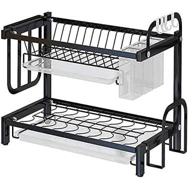Imagem de U5GAAALPPQ9 Escorredor de pratos escorredor de pratos 2/3 camadas escorredor de pratos de cozinha multiuso armazenamento cromado escorredor suporte de placa (cor: preto, tamanho: 3 camadas) (preto 2