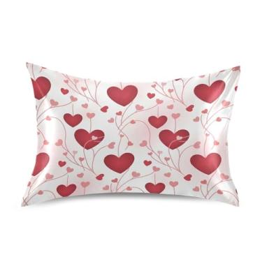 Imagem de Wassud Fronha de cetim para cabelo e pele Red Hearts Dia dos Namorados Capas de almofada de seda lisa tamanho padrão respiráveis com fecho de envelope