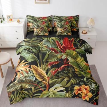 Imagem de Erosebridal Jogo de cama Queen com 7 peças, folhas tropicais botânicas tropicais, folhas tropicais, folhas de palmeira da selva, conjunto de lençol em uma bolsa, estilo havaiano, natureza, edredom