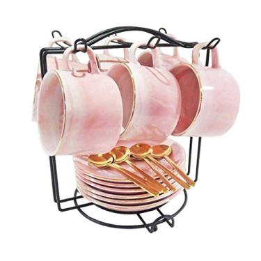 Imagem de Conjuntos de chá e café de porcelana com bule de chá, jarro de creme, colheres de chá e coador de chá para chá/café, xícaras e pires serviço para 6 pessoas