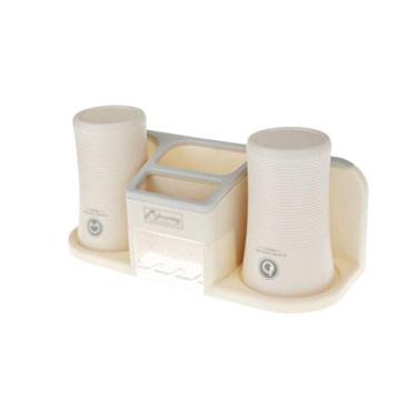 Imagem de U5GAAALPPQ9 Suporte de escova de dentes 3 em 1 montado na parede com conjunto de 2 copos com uso de banheiro em dormitório doméstico (Cor: C) (C)