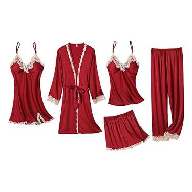 Imagem de HHHJQFAAT Pijama feminino 5 peças conjunto de pijama cami de cetim com roupão decote em V vestido de dormir floral guarnição de renda GG Borgonha-B (rosa a)