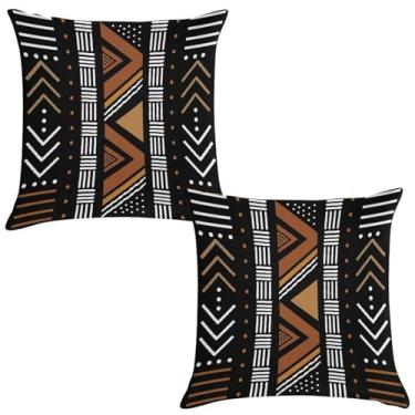 Imagem de Capas de almofada africanas, preto étnico tribal arte geométrica decoração de casa fronhas quadradas para cama, sofá, sala de estar, carro, interior e exterior, 2 conjuntos de 40,6 x 40,6 cm