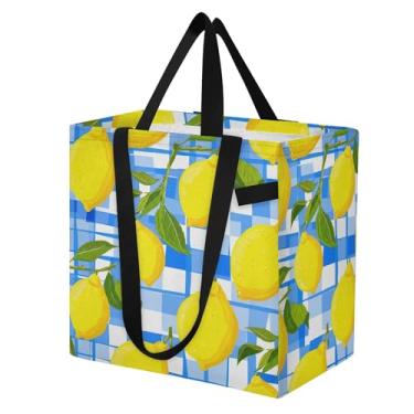 Imagem de SEHANY Sacolas de compras reutilizáveis de verão limão com alças reforçadas, bolsa de compras de lona dobrável à prova d'água de grande capacidade para viagem, cozinha, praia