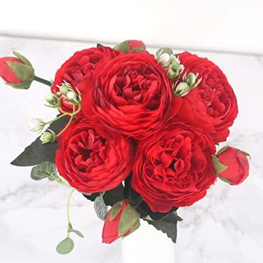 Imagem de NevStp Buquê de flores artificiais de peônia rosa rosa de 30 cm, 5 flores falsas de cabeça grande e 4 botões para decoração de casamento em casa, interior, vermelho grande