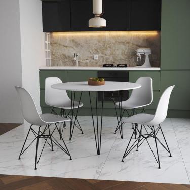 Imagem de Mesa Jantar Redonda 110Cm Branca Clips 3 Pés Com 4 Cadeiras Brancas Ferro Preto - Cor: Branco
