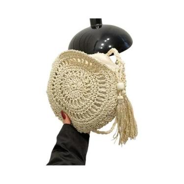 Imagem de Bolsa Transversal Feminina De Palha Com Borlas, Pequena, Redonda E Vaz