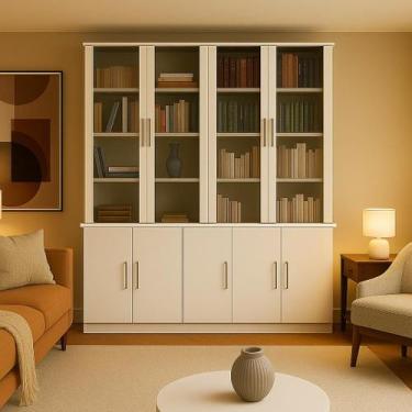 Imagem de Estante de Livros 9 Portas e Portas Superiores Vidro Fumê Branco - Fos