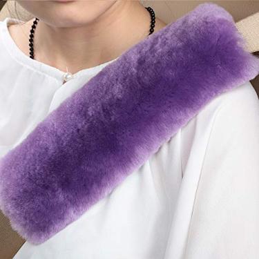 Imagem de OGLAND Pacote com 2 almofadas para cinto de segurança de carro de pele de carneiro para adultos, textura macia, protetor de almofada de ombro e pescoço, capa de lã merino genuína da Austrália (roxo