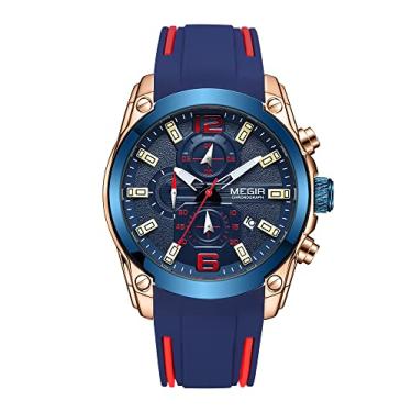 Imagem de MEGIR Relógio de pulso masculino cronógrafo com pulseira de silicone confortável à prova d'água relógios esportivos masculinos com mostrador de data e calendário, Dourado, azul