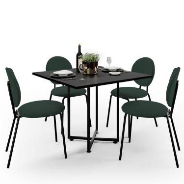 Imagem de Mesa de Jantar Rivera Preto 90cm com 04 Cadeiras Industrial Évora F01 Suede Verde Musgo -Lyam