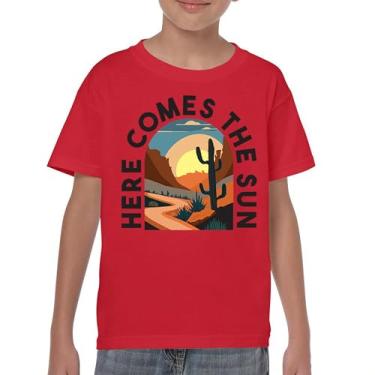 Imagem de Camiseta juvenil Here Comes The Sun retrô boho cacto canyon nascer do sol vintage viagem hippie verão anos sessenta sul crianças, Vermelho, GG