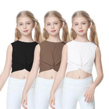 Imagem de B&GCozy Pacote com 3 camisetas de manga curta de malha canelada para meninas 7-15 anos, Preto/Branco/Cáqui (pacote com 3), P