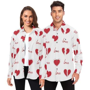 Imagem de Camisetas masculinas de botão de manga comprida para mulheres, caimento justo com bolsos, amor dos namorados, corações vermelhos, Valentim Love Red Hearts Doodle, PP
