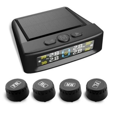 Imagem de Performance Master Sistema de monitoramento de pressão de pneu sem fio com 4 sensores externos e 5 modos de alarme, exibição em tempo real da pressão e temperatura do pneu, carregamento solar e USB