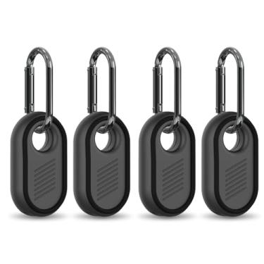 Imagem de [Pacote com 4] Capa BIQIRE para Samsung Galaxy Smart Tag 2, capa resistente à prova d'água de silicone macio antiderrapante com chaveiro, para chaves, bagagem, animais de estimação (preto)