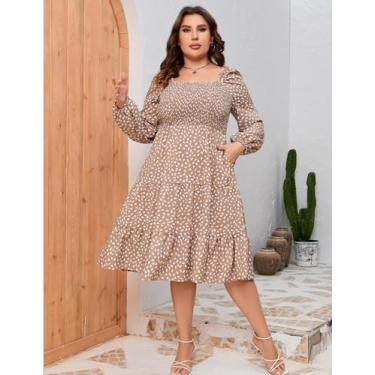 Imagem de ShopWonder Vestidos de verão plus size, sem mangas, gola quadrada, franzido, plissado, evasê, maxi vestido, Cáqui-leopardo longo, 3G
