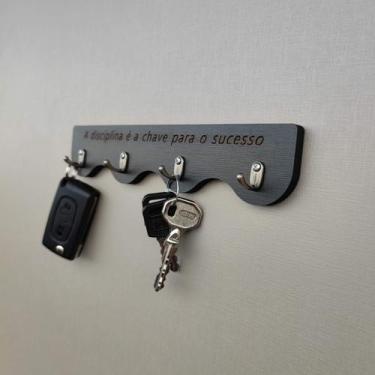 Imagem de Porta Chaves em MDF - Disciplina - 4 Ganchos- Preto e Prata - Okiitech