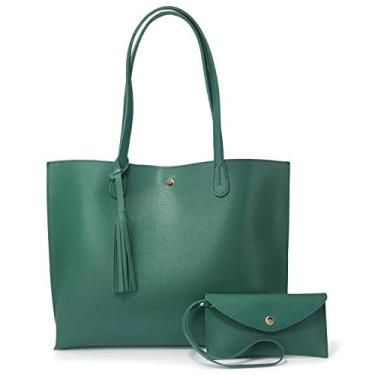 Imagem de Minimalist Sacola de couro sintético com corte limpo, bolsa de ombro feminina, Verde, Medium