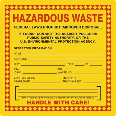 Imagem de SmartSign (Pacote com 100/pacote) Alça de acumulação de resíduos perigosos com etiquetas de aviso de cuidado, design federal, 15 x 15 cm, plástico fosco de 3,3 mm, adesivo acrílico para tambor e